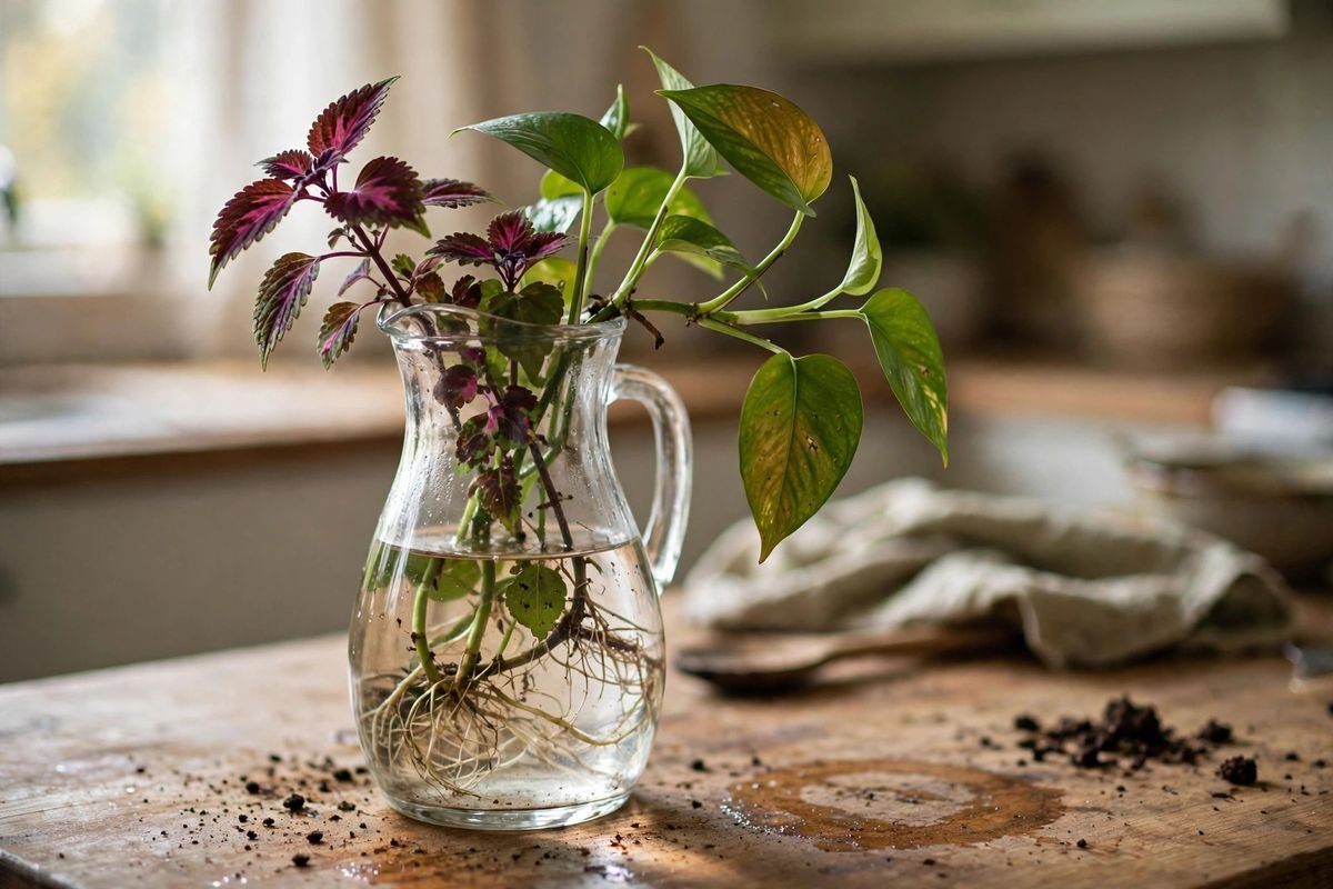 Glass carafe with rooted pothos and coleus cuttings on a kitchen counter in soft daylight, a few soil crumbs on the counter beside it