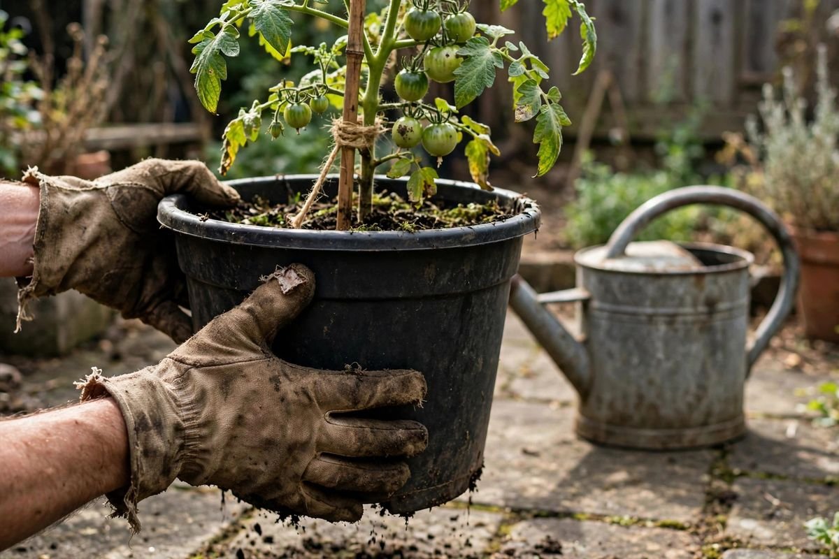 Gloved hands lifting a large black plastic pot holding a staked tomato plant with small green tomatoes, watering can resting on the patio behind