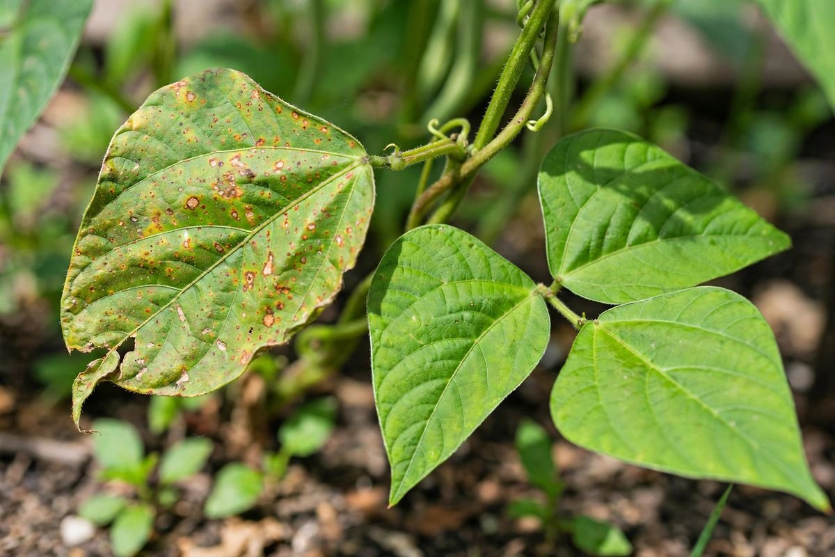Green bean leaf with small rust spots beside a healthy leaf on the vine
