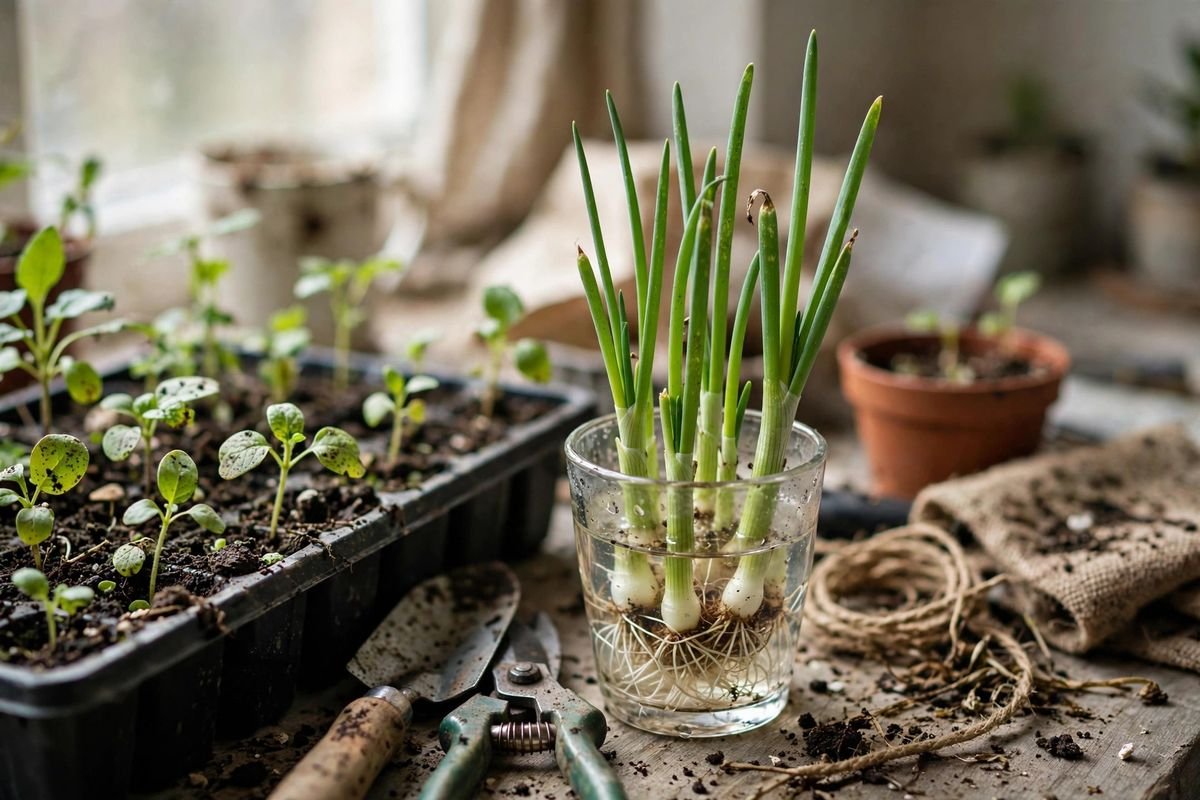 Green onion root ends standing in a small glass of water with new green shoots emerging