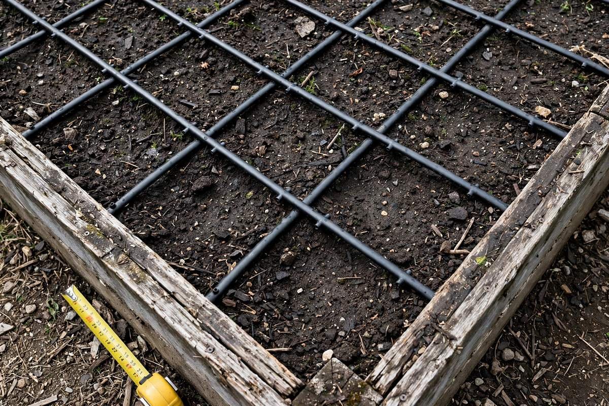 Grid of drip lines laid across the corner of a raised bed with a tape measure alongside for scale