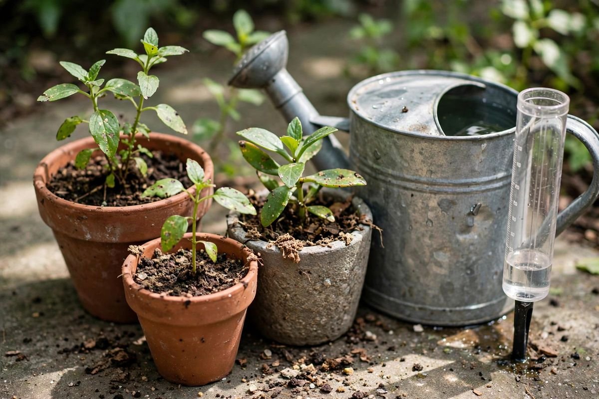 Grouped pots in light shade beside a filled watering can and a rain gauge