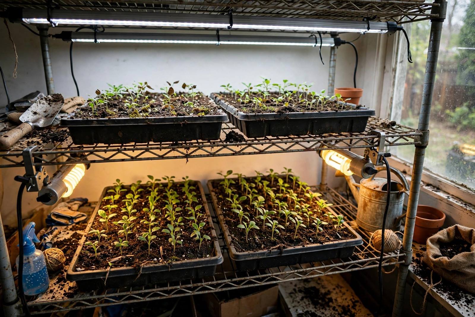 Shelving unit with LED light bars over seed trays on one shelf and clamp bulb lights over trays below