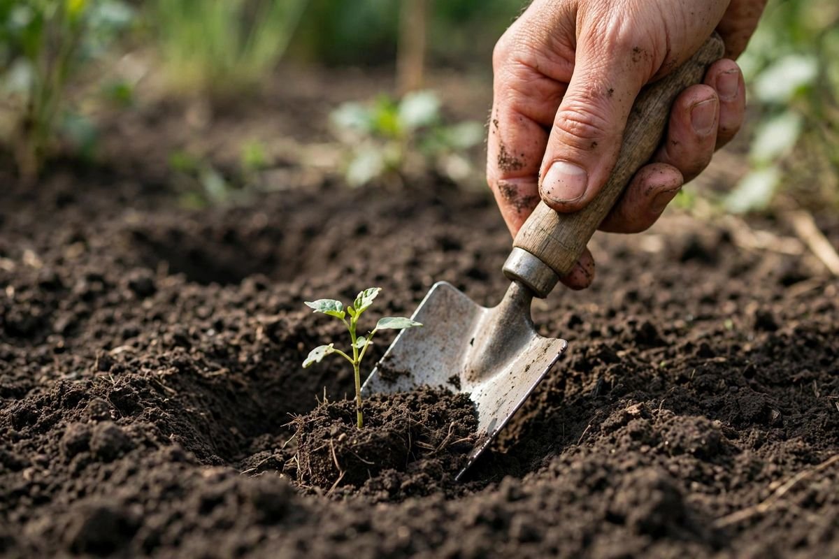 A hand gripping a wooden-handled trowel while transplanting a small seedling into dark, loose soil