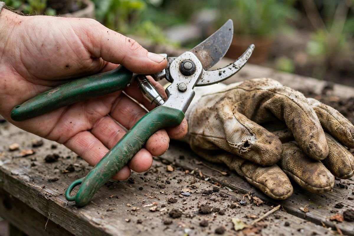 Hand holding green-handled bypass shears showing handle fit beside a worn garden glove