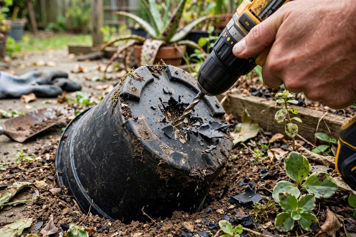 Hand holding a power drill boring a drainage hole in the bottom of a plastic pot
