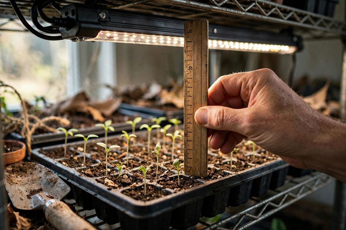 Hand holding a ruler measuring the short distance between an LED grow light bar and seedling tops on a shelf