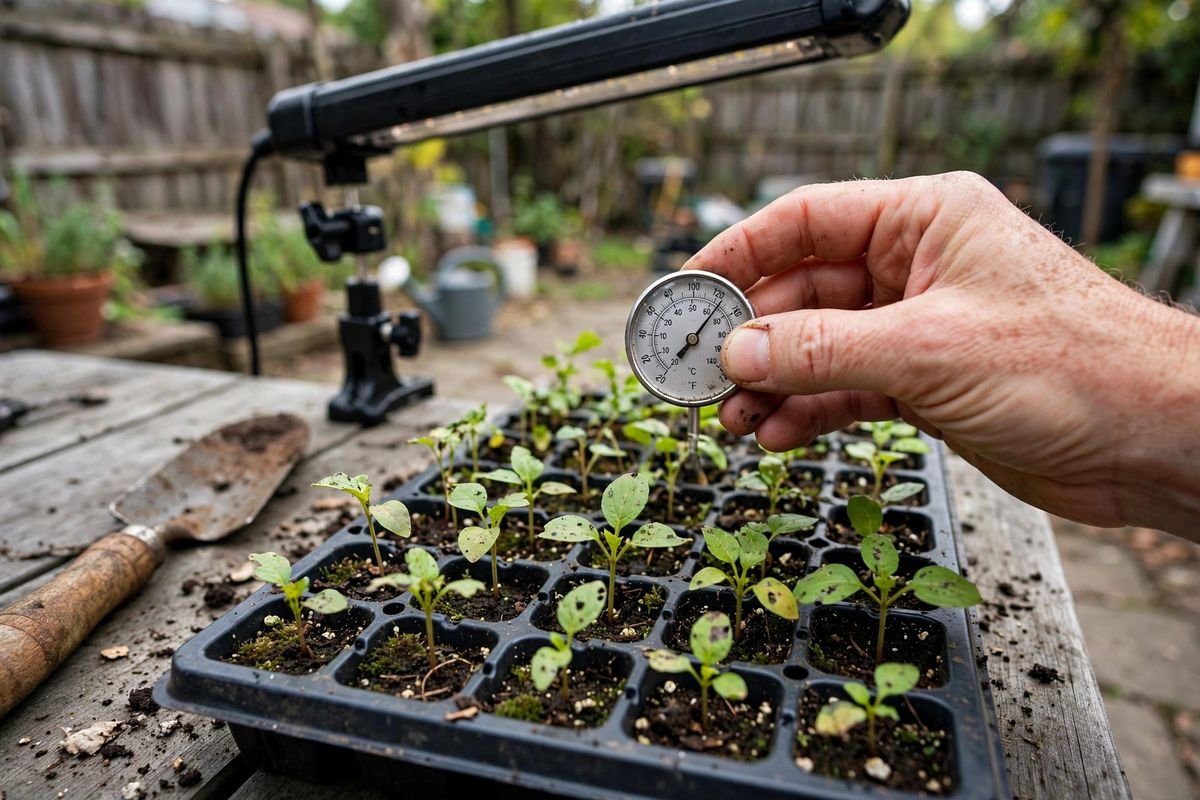 Hand holding a small dial thermometer near a seed tray under grow lights to check air temperature beside the seedlings