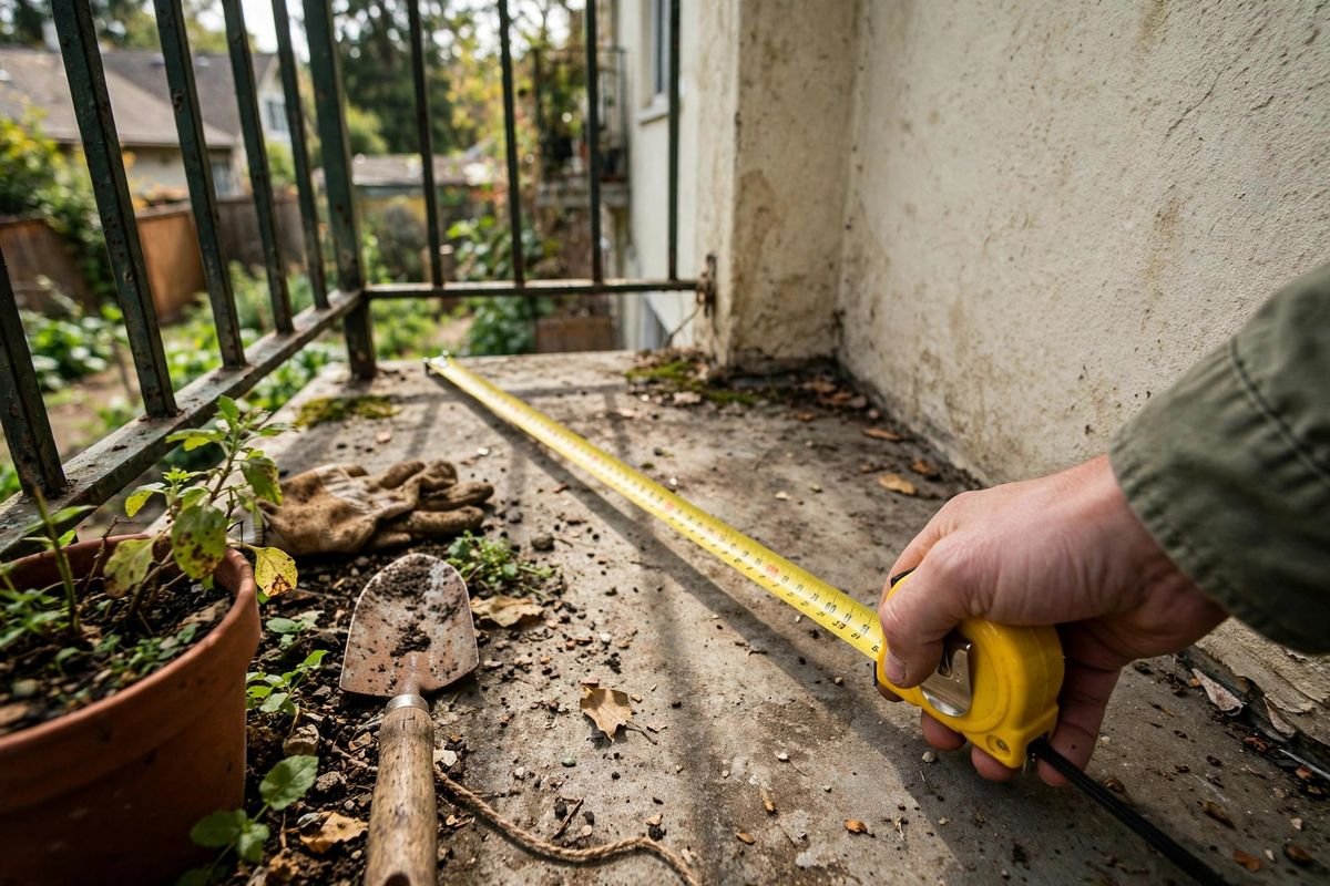 Hand holding a tape measure across a small apartment balcony to plan container layout