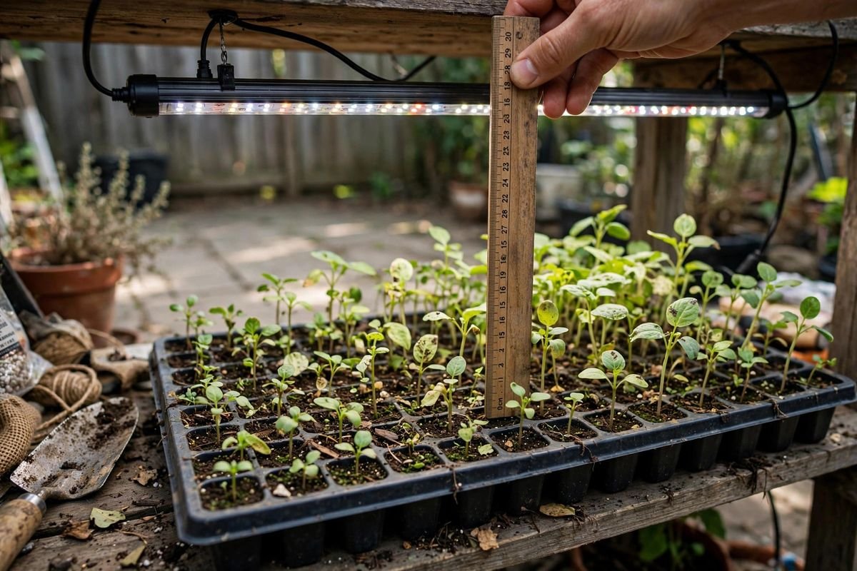 Hand holding a wooden ruler vertically between a seedling canopy and an LED light bar above a 10x20 tray to measure the gap