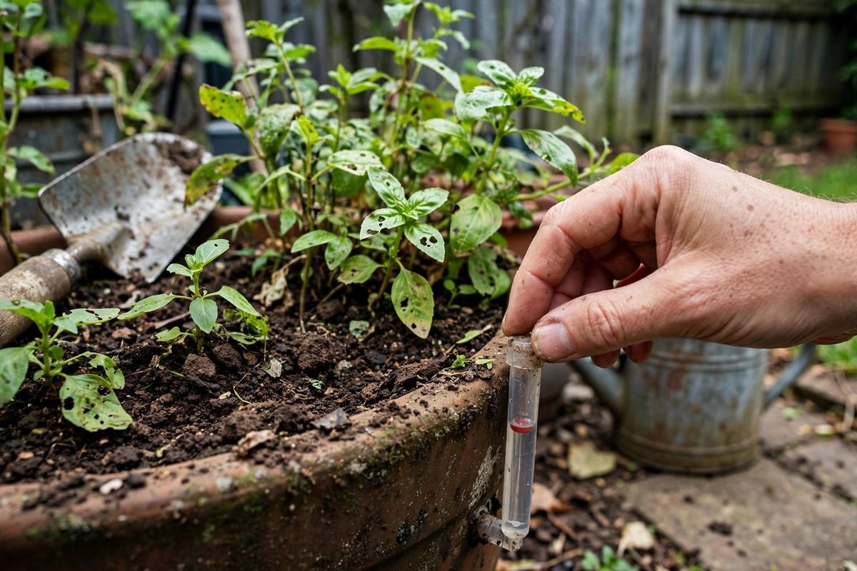 Hand lifting the cap of a clear water-level indicator tube on a weathered terracotta planter with basil seedlings