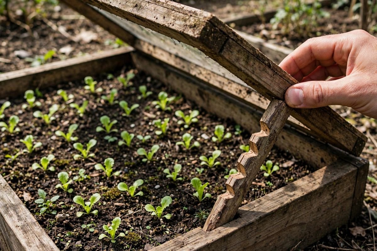 Hand lifting a cold frame lid with a notched wooden prop stick, small lettuce seedlings in rows below and light condensation on the panel