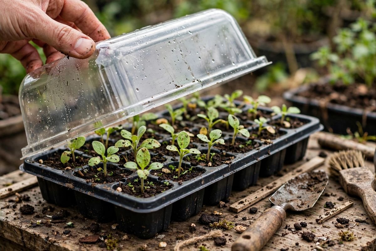 Hand lifting one edge of a humidity dome off a seed tray to let air in