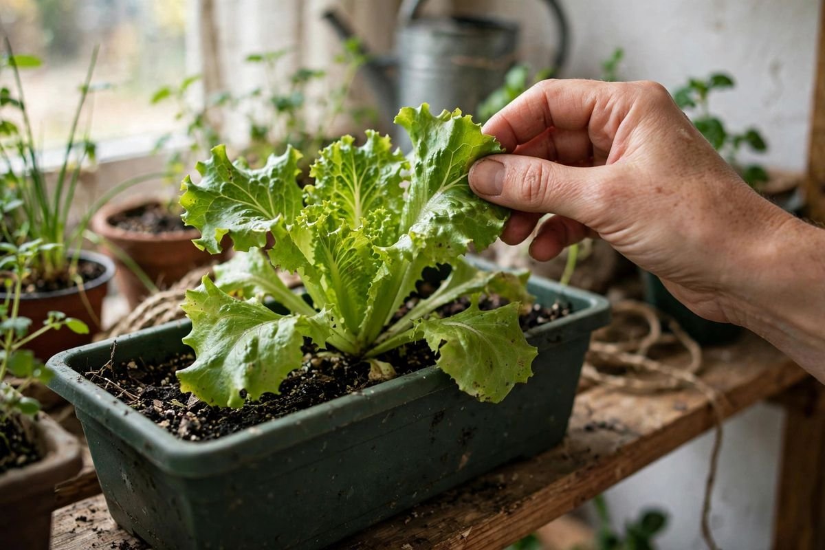 Hand lifting outer leaves of a loose-leaf lettuce plant growing in a rectangular container under bright light