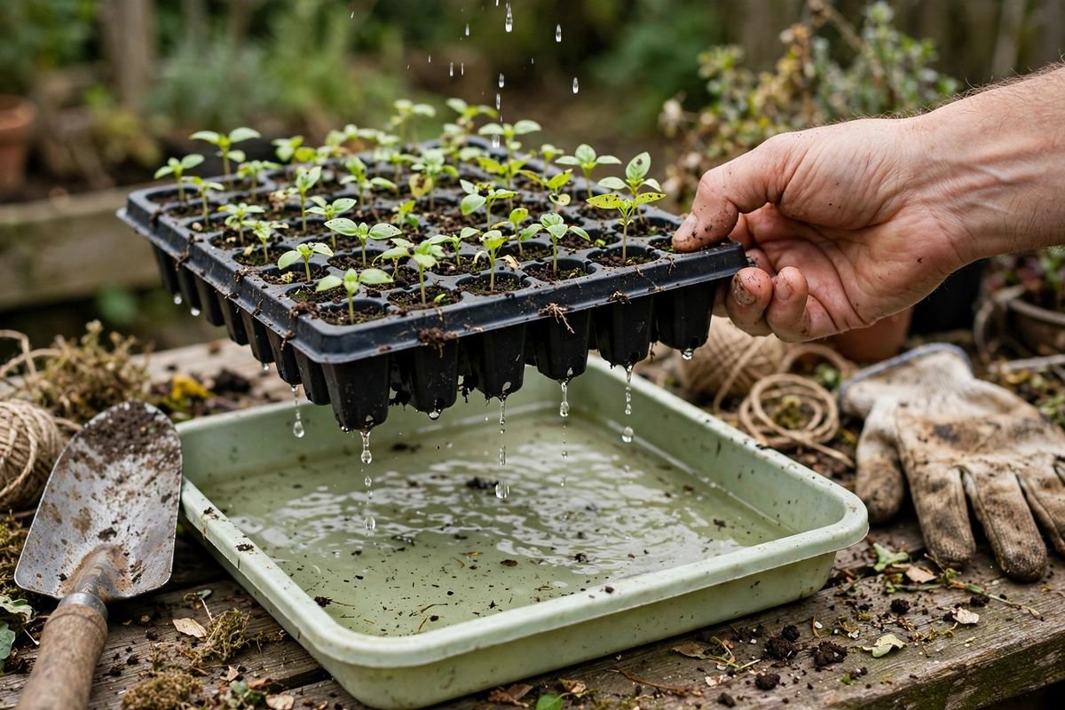Hand lifting a seed tray out of its watering tray to check how heavy it feels