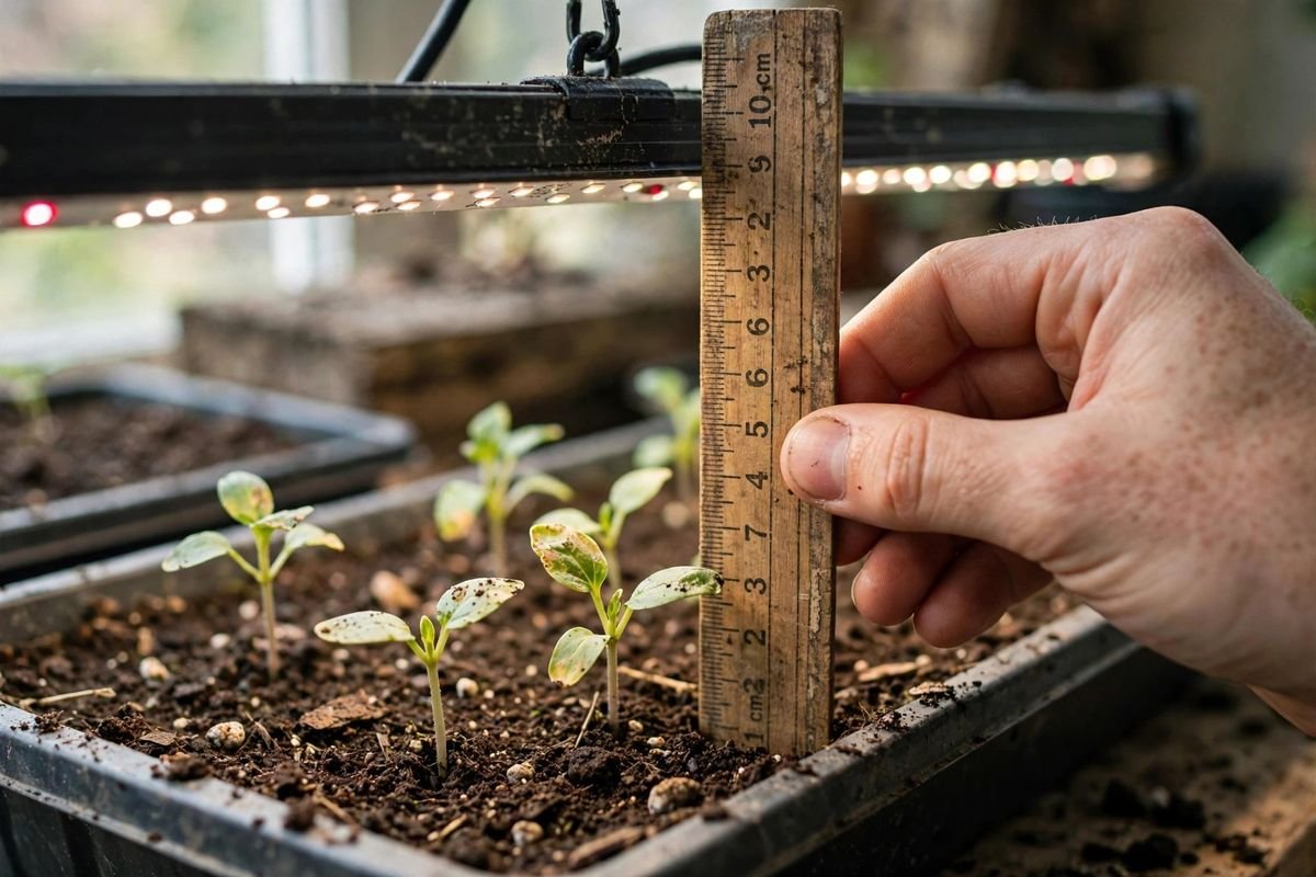 A hand measuring the gap between a grow light and seedling tops with a ruler