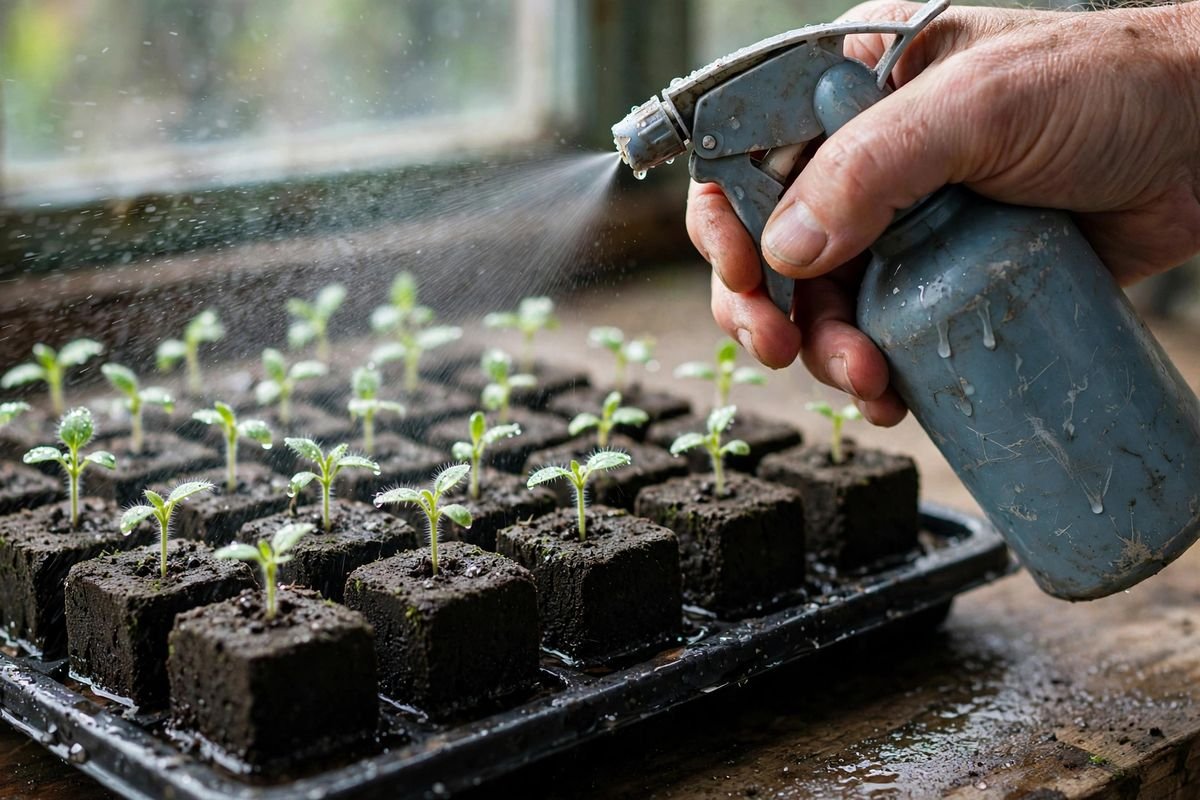 A hand misting a tray of two-inch soil blocks holding tiny seedlings with a small worn spray bottle, with a handwritten wooden label reading lettuce 3/10 in the tray