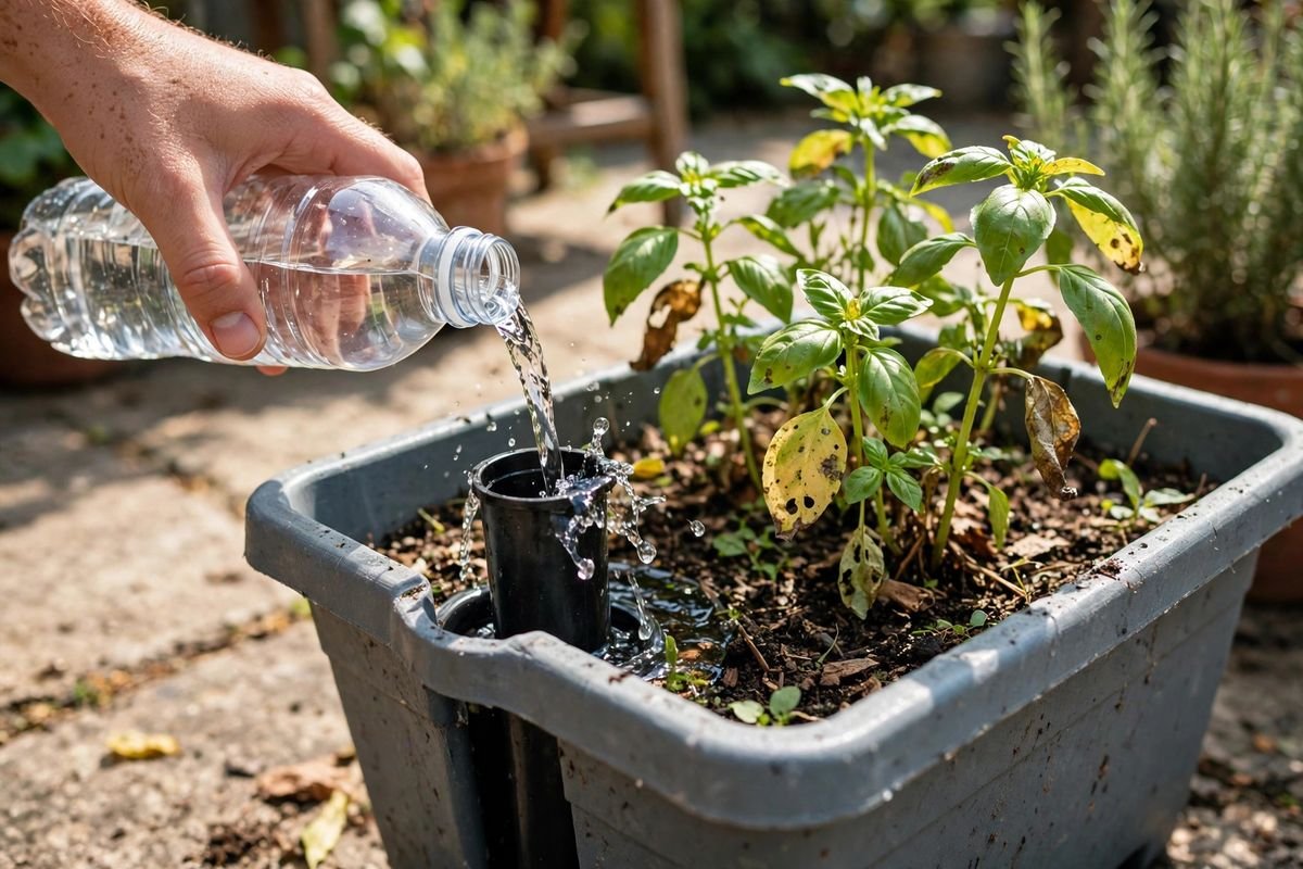 A hand pouring water into the fill tube of a self-watering planter on a sunny patio, with soil and green leaves visible