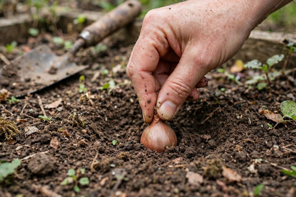 Hand pressing a shallot set pointed-end up into loose soil at correct planting depth