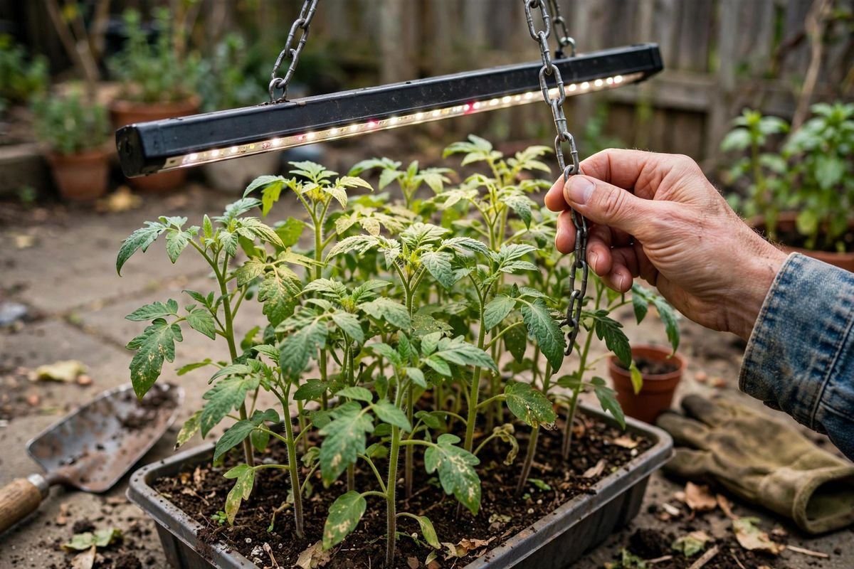 Hand raising an LED grow light bar on metal chains above a tray of taller tomato seedlings on a shelf
