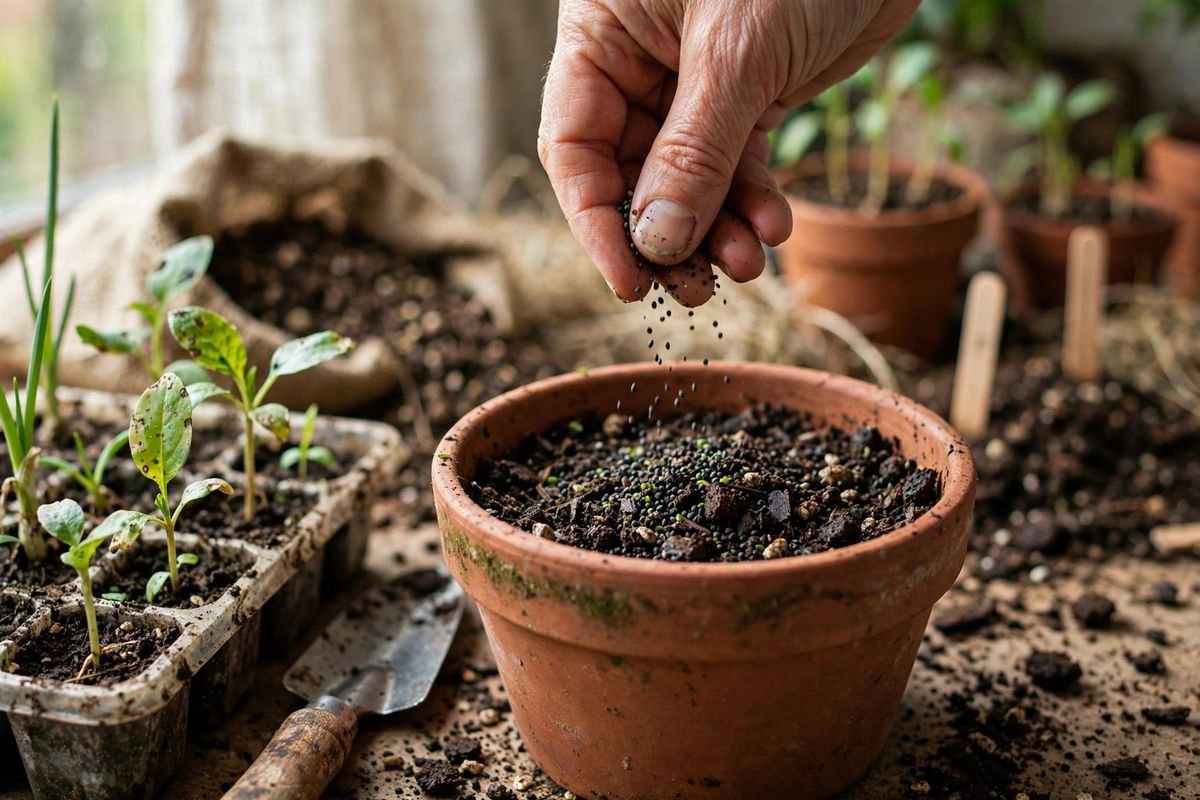 Hand scattering green onion seeds over moist potting mix in a terracotta pot