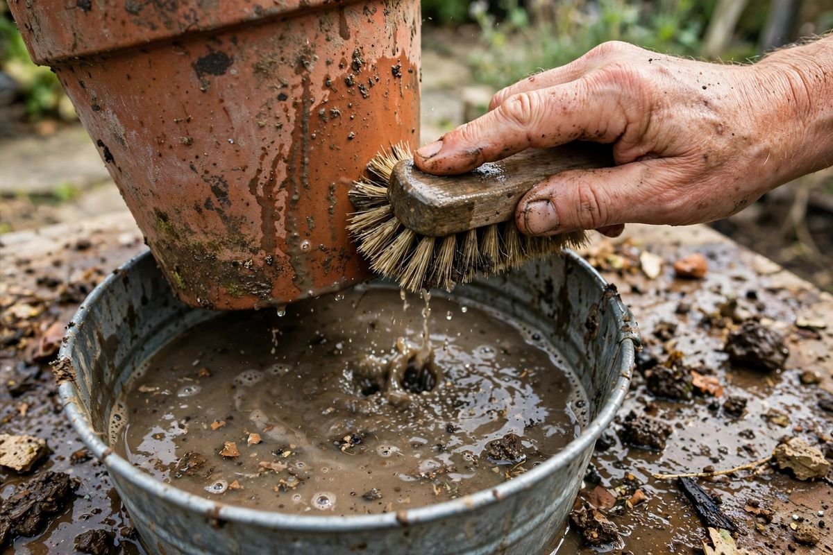 A hand scrubbing a terracotta pot with a stiff brush over a bucket, with muddy water and soil crumbs nearby