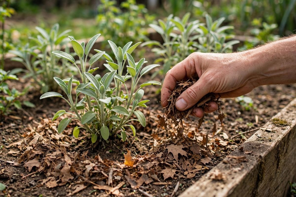 Hand spreading shredded leaf mulch around sage plants with crowns left clear