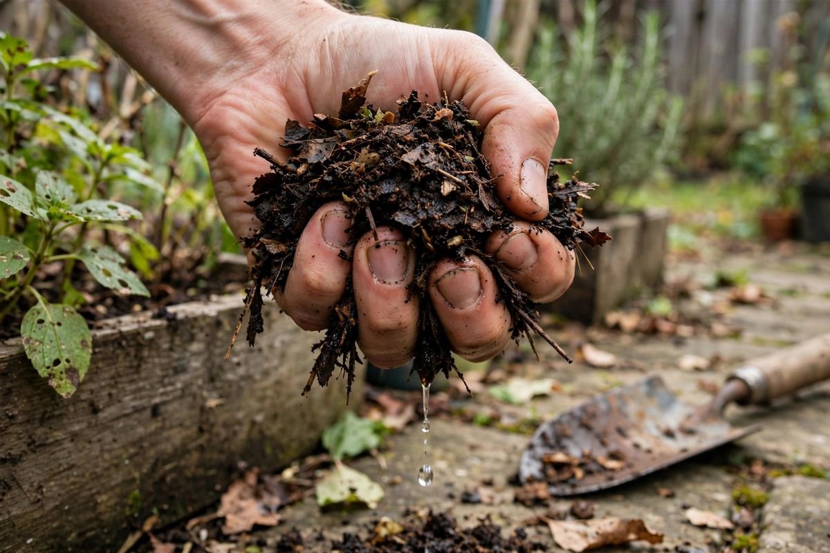 Hand squeeze test showing proper moisture level of composting materials