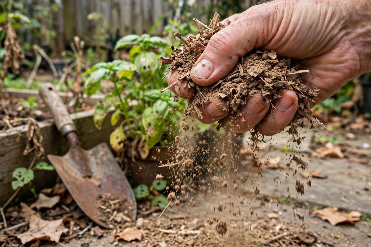 Hand squeezing compost materials showing they are too dry and crumbly