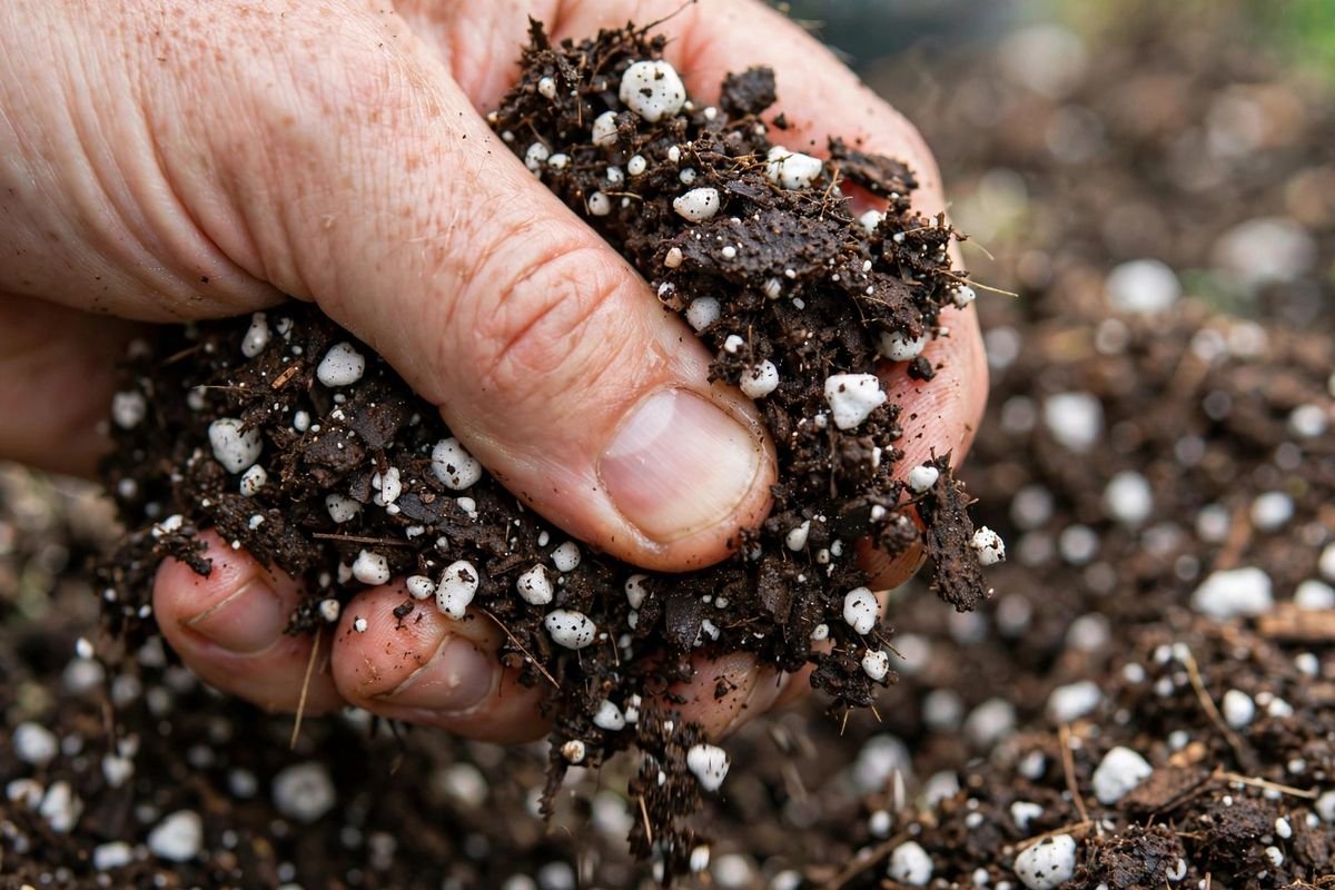 A hand squeezing moist potting mix, showing a light airy texture with white perlite flecks throughout