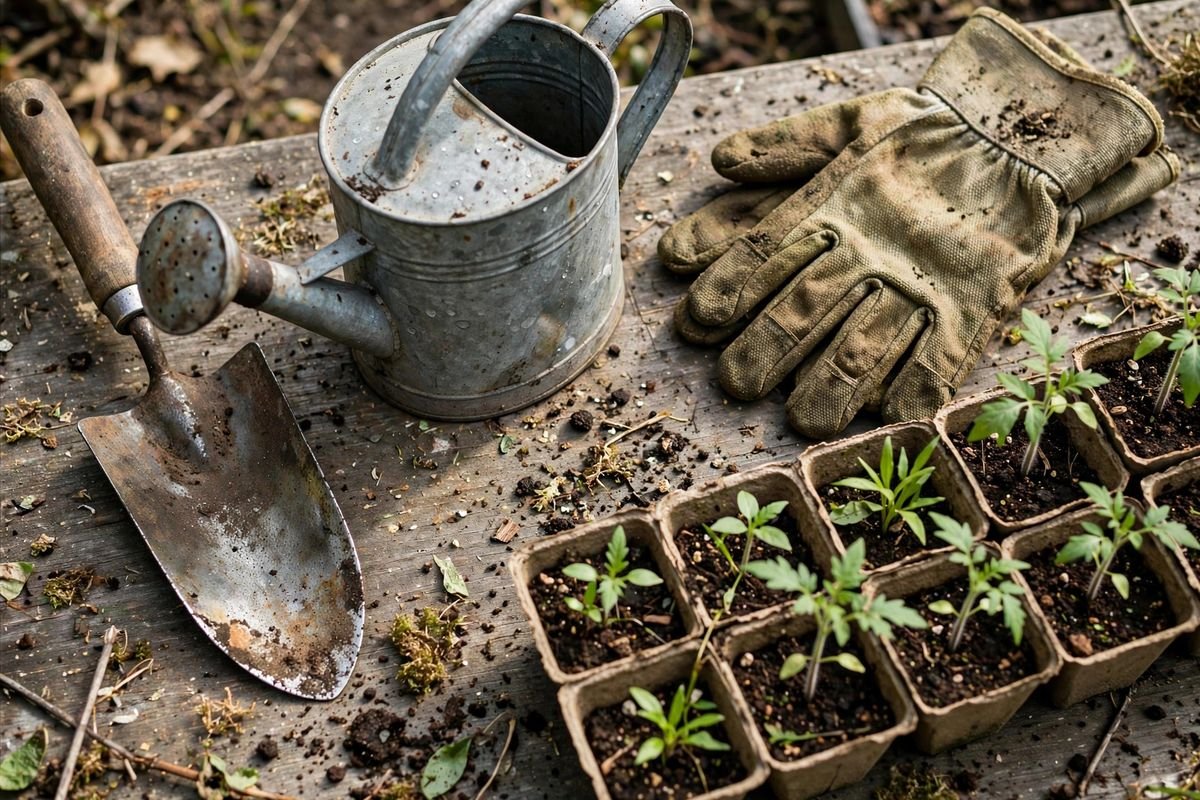 A hand trowel, watering can, and gloves laid out beside seedlings ready to plant