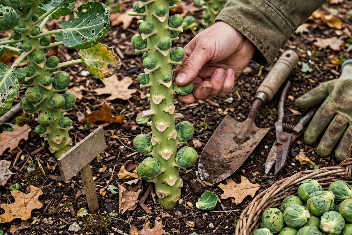 Hand twisting a mature Brussels sprout off the lower part of a stalk during harvest