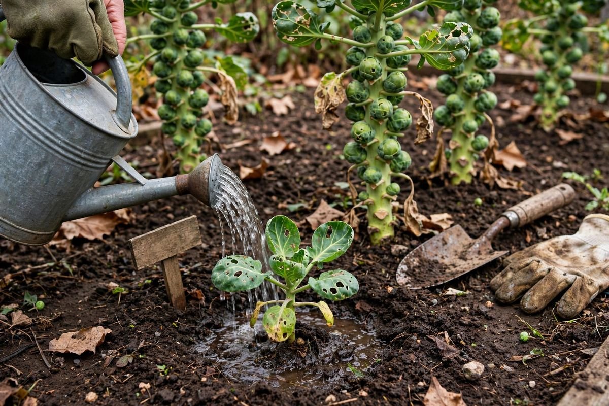 Hand watering a young Brussels sprouts transplant at the base in mulched soil