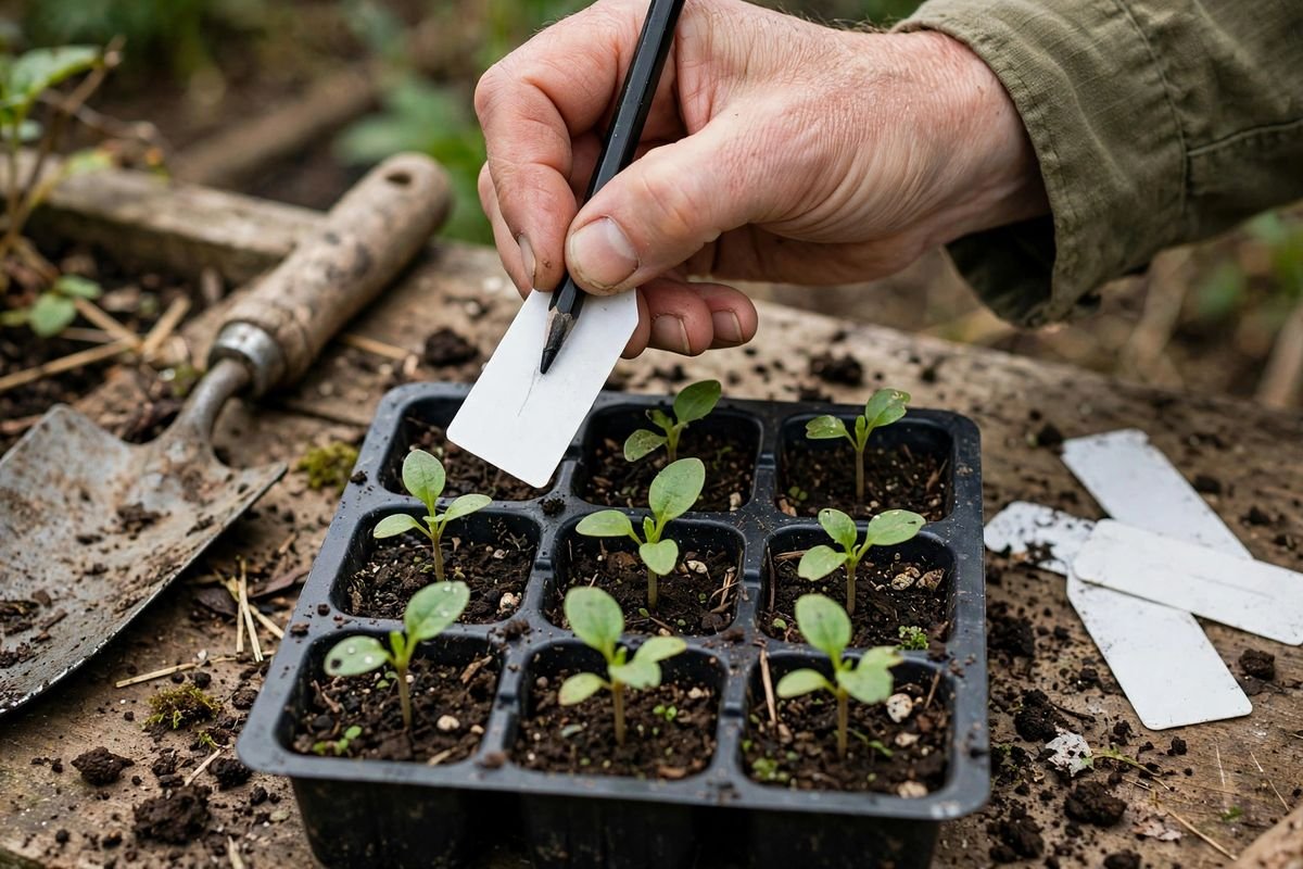 Hand writing on a white plastic plant label with a grease pencil over a seed tray