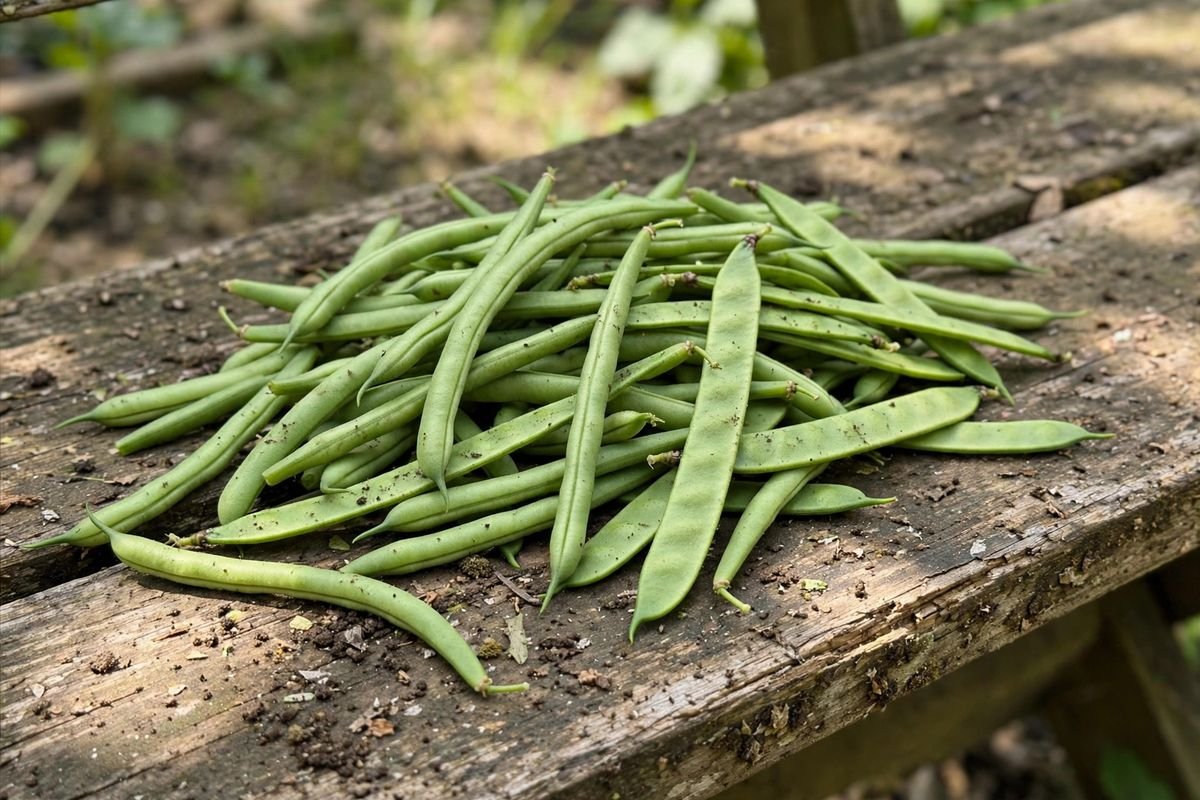 Handful of freshly picked green beans in round, flat, and filet shapes on a garden bench