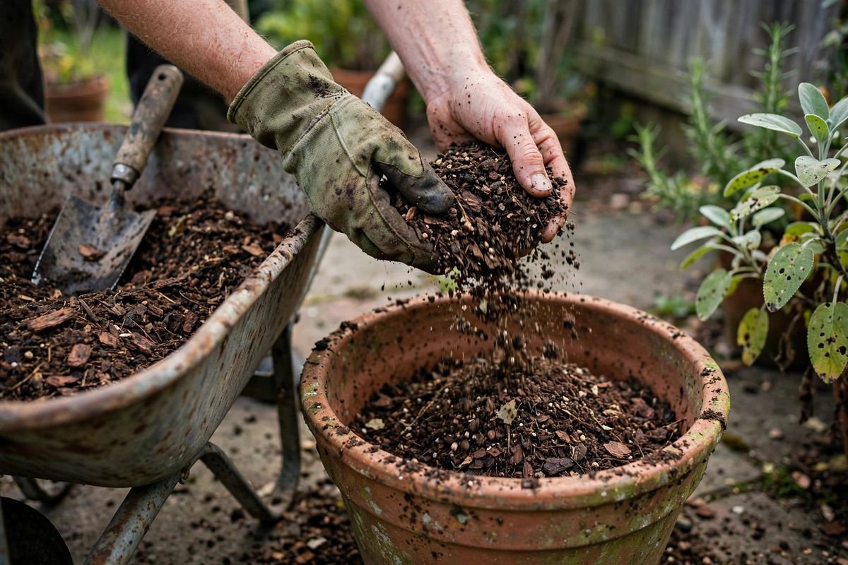 Hands adding potting mix to a large terracotta pot beside a rusted wheelbarrow filled with compost mix