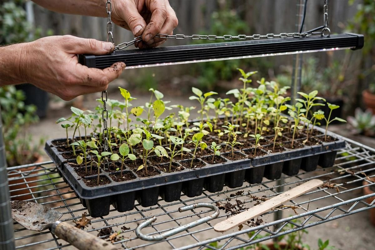Hands adjusting the hanging height of an LED light bar on chains above a tray of young seedlings on a wire shelf