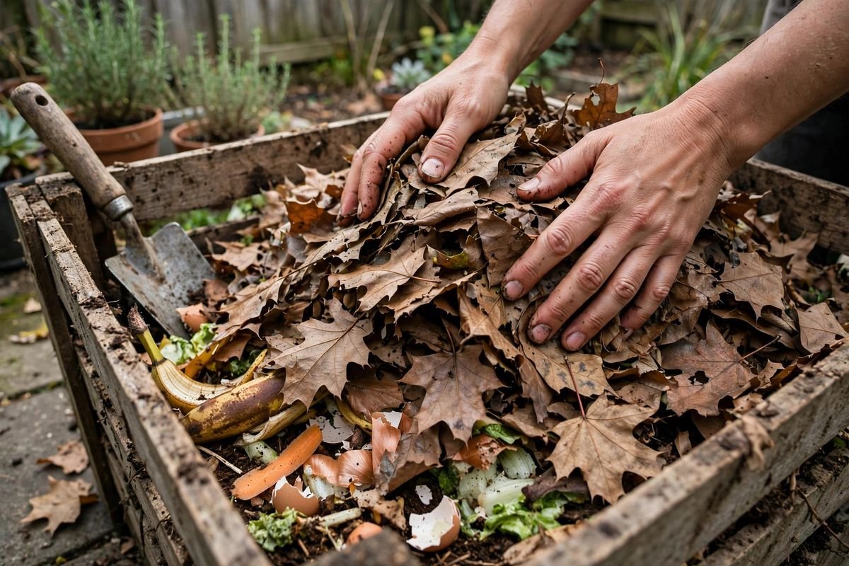 Hands burying kitchen scraps under a layer of dry brown leaves in a compost bin