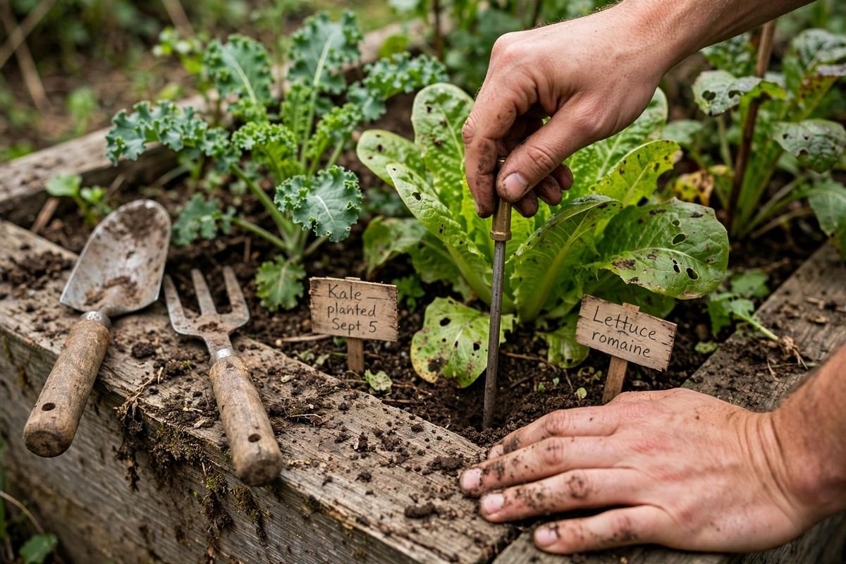 Hands checking soil moisture at the edge of a wooden raised bed with a simple probe