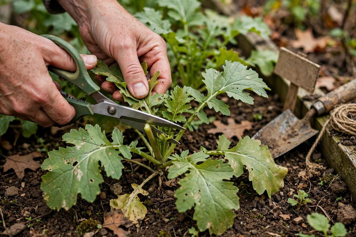 Hands cutting mustard green leaves with scissors above the growing point for regrowth