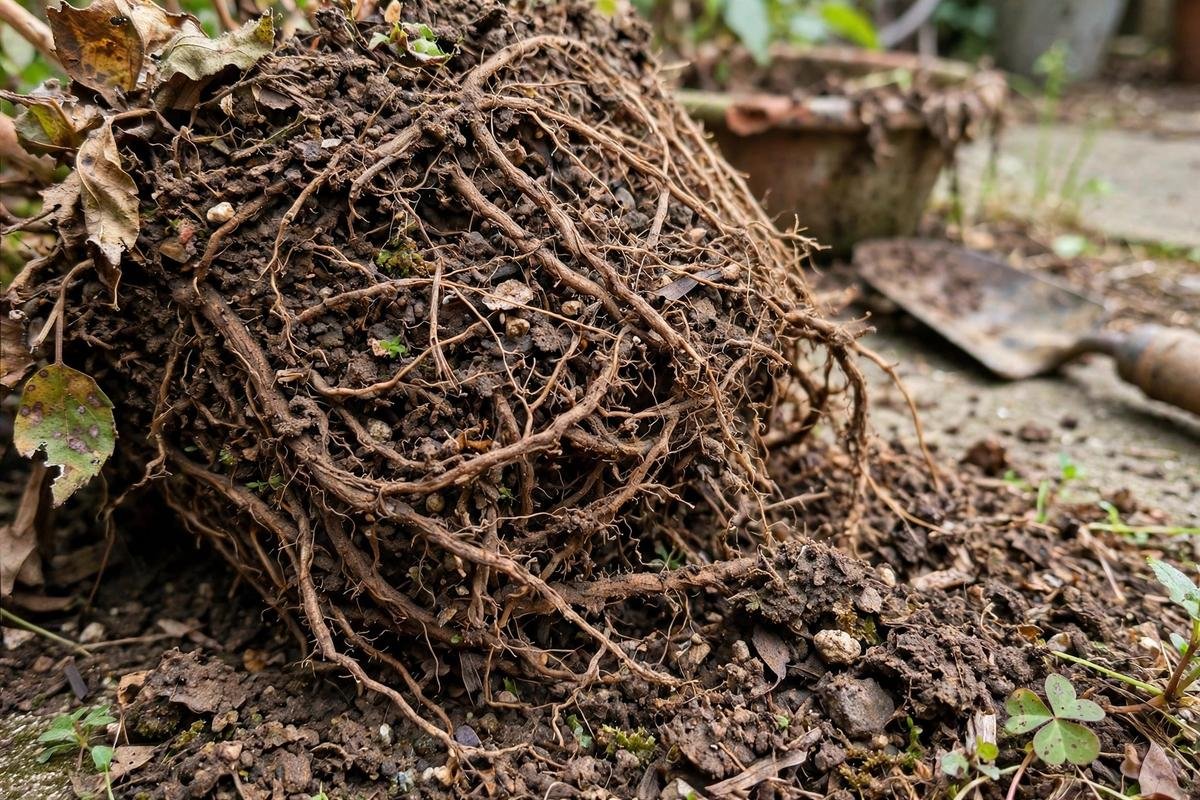 Hands dumping old used potting soil from a container into a wheelbarrow