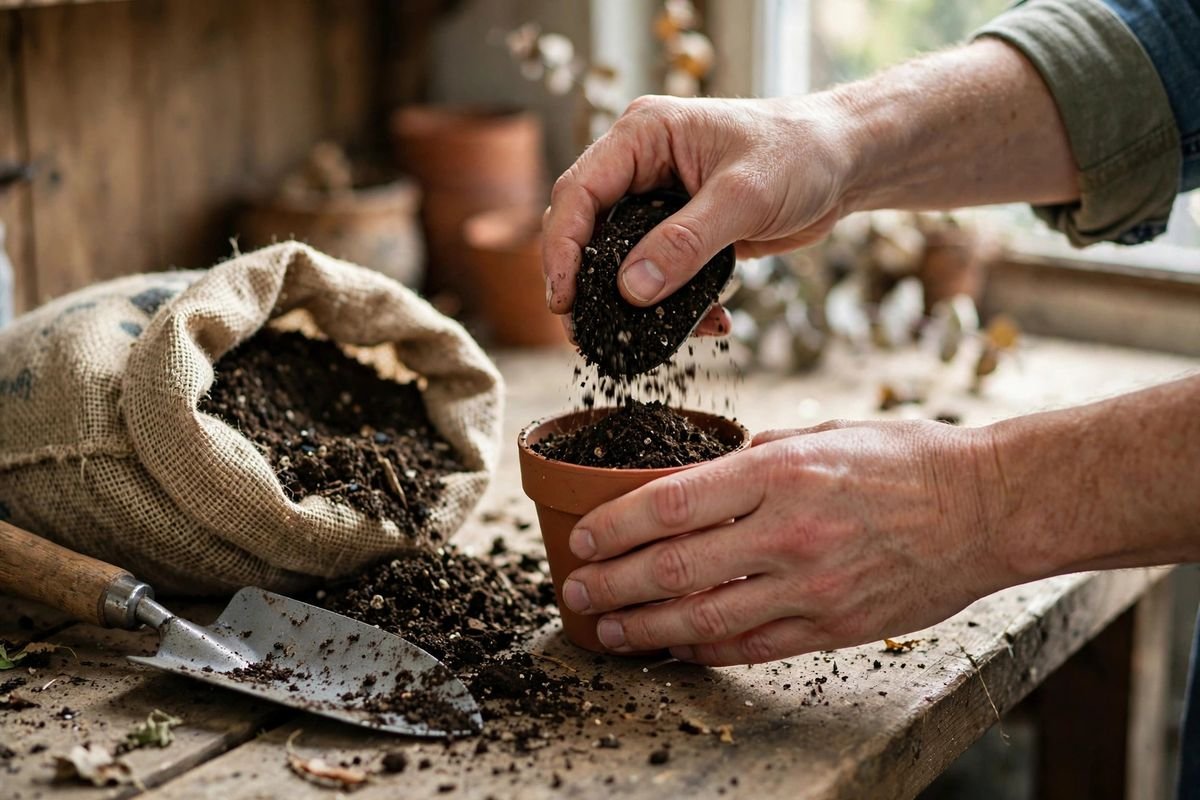 Hands filling a small pot with dark potting mix beside a bag of soil and a trowel with soil on its blade