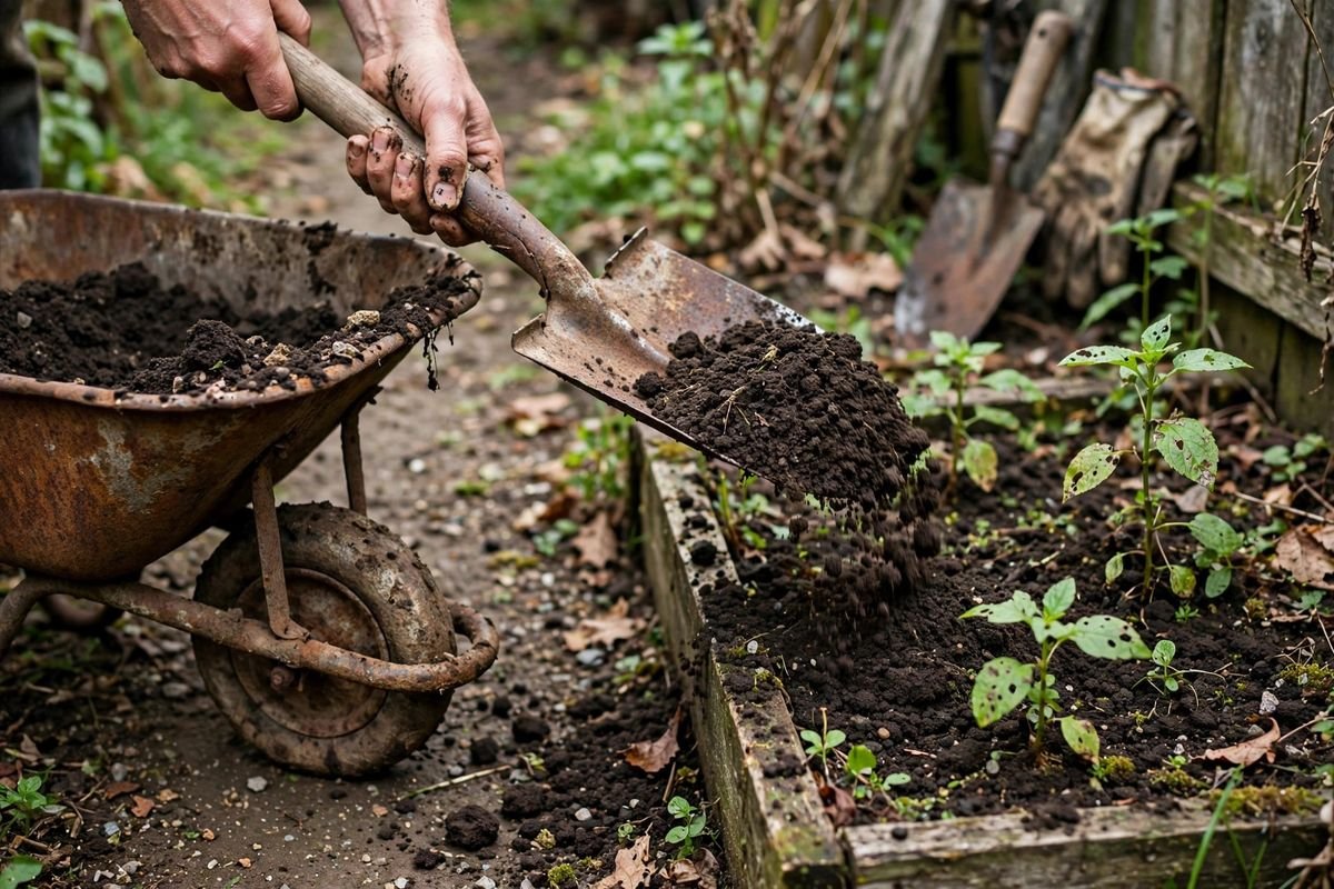 Hands filling a small raised bed with soil from a wheelbarrow parked on a narrow path
