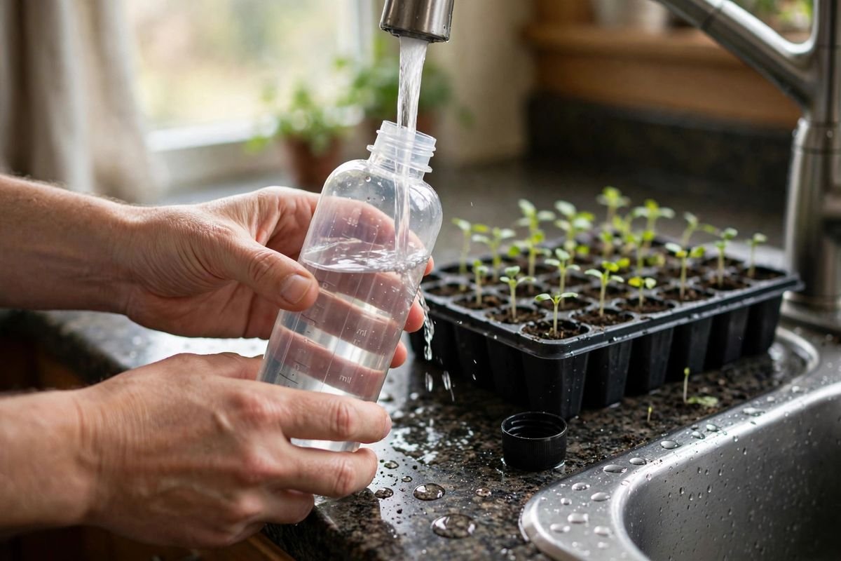 Hands filling a spray bottle from a kitchen faucet beside a tray of seedlings, water running into the open bottle