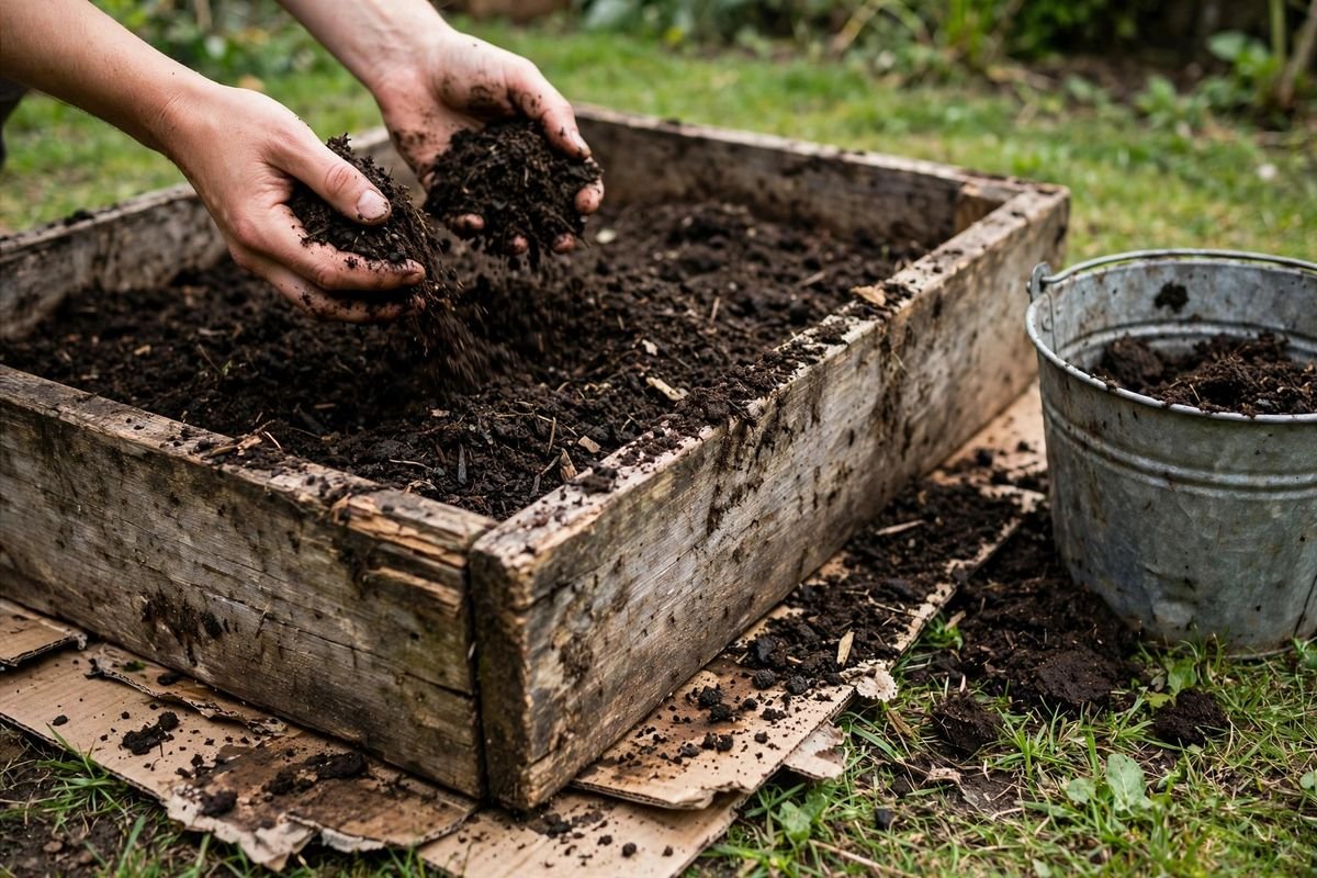 Hands filling a wooden raised bed frame over cardboard on a lawn, with dark soil mix and a bucket