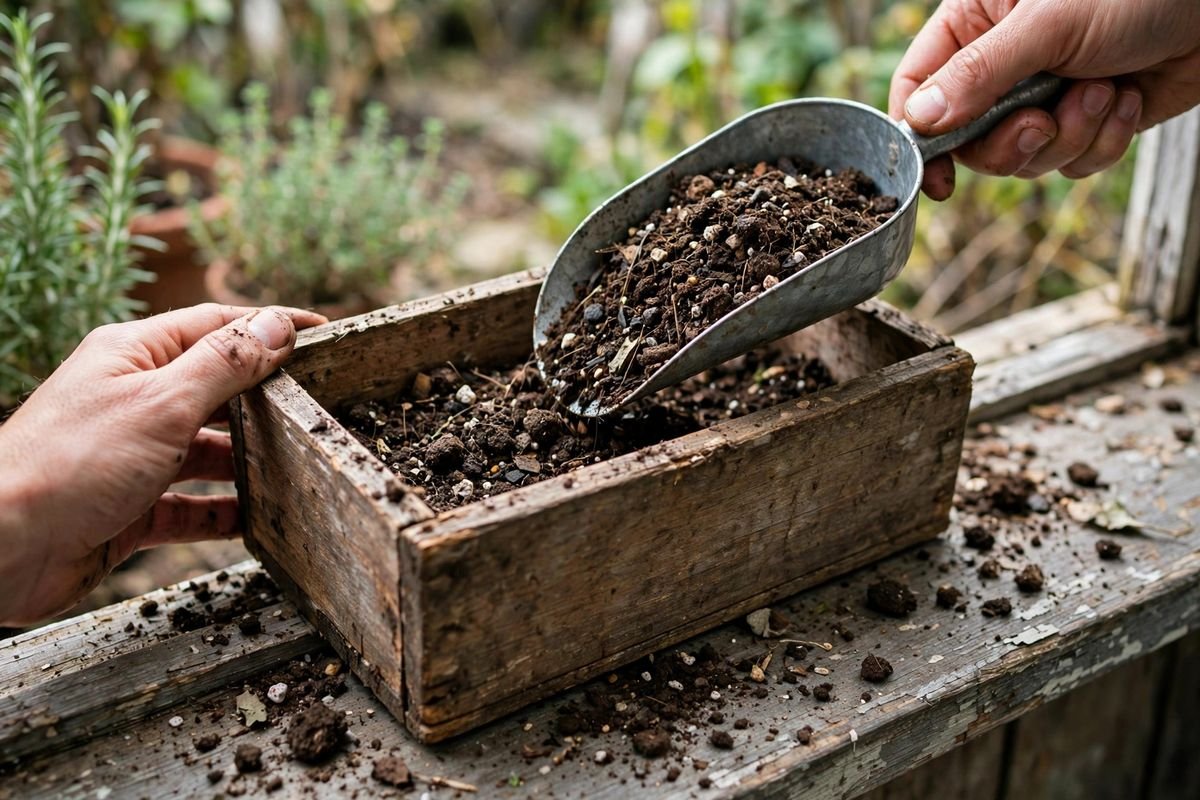 Hands filling a wooden window box with potting mix using a scoop, with loose soil crumbs on the ledge