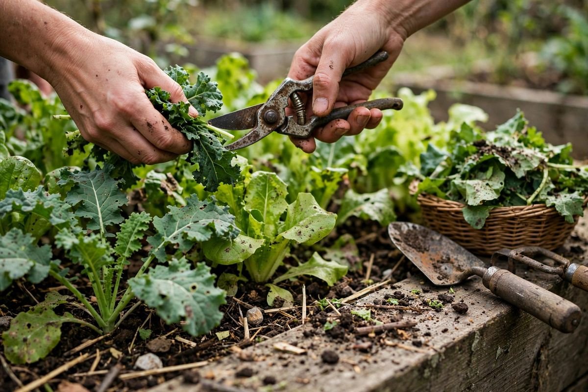 Hands harvesting greens from a raised bed at comfortable waist height