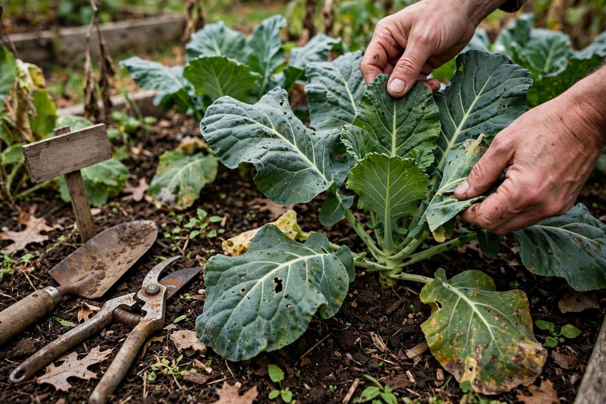 Hands harvesting large outer collard leaves from a mature plant in a garden bed