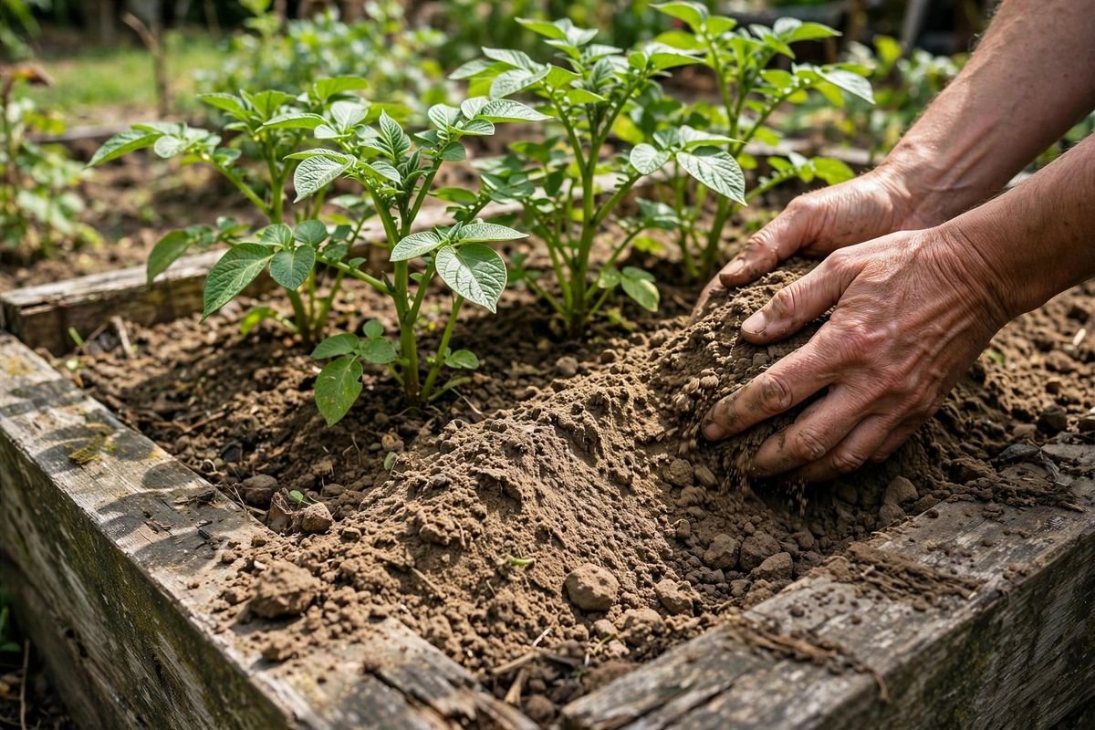 Hands hilling loose soil around green potato stems in a raised garden bed