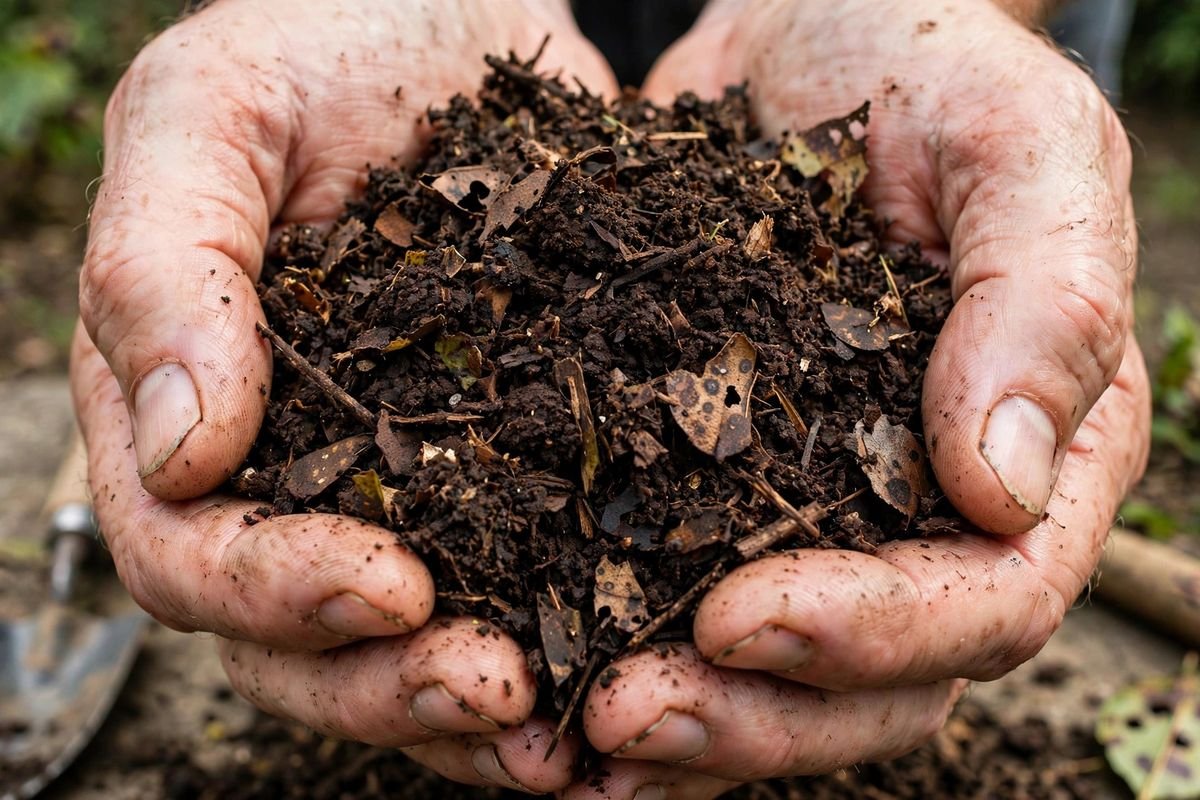 Hands holding dark finished compost, crumbly and rich brown